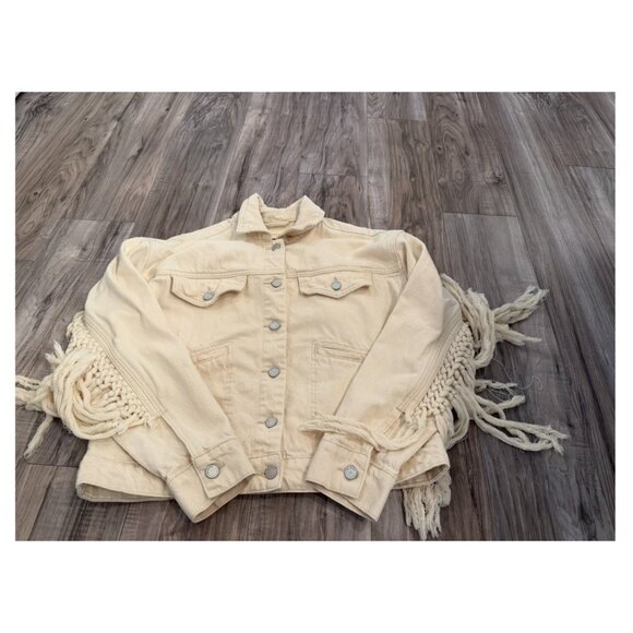 Blanknyc Cream Rope Fringe Macrame Denim Trucker Jacket S Boho Festival Grunge - Picture 7 of 10